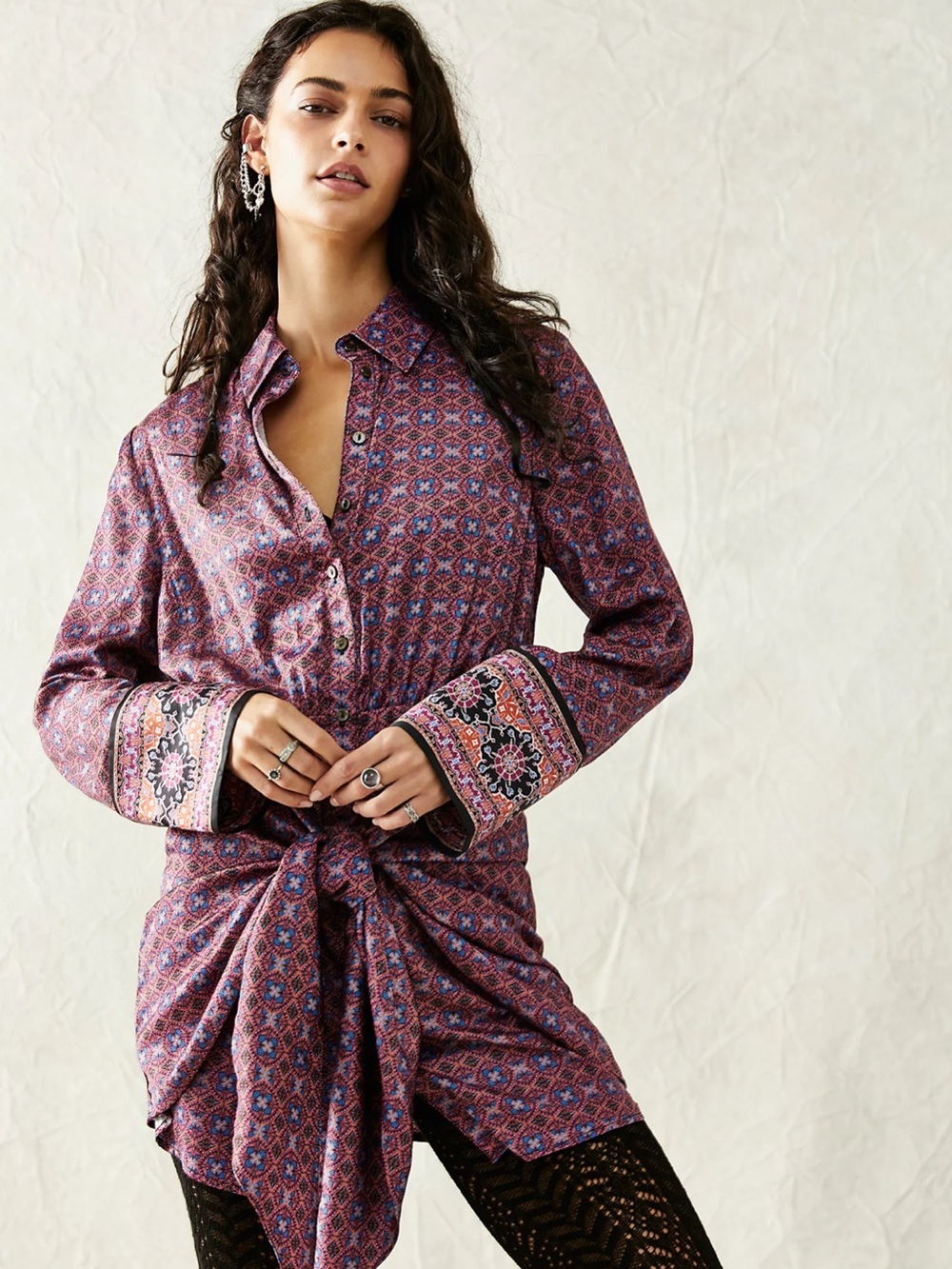Free People Silky Rillo Shirtdress Mini Dress Printed Wrap Front Size Small